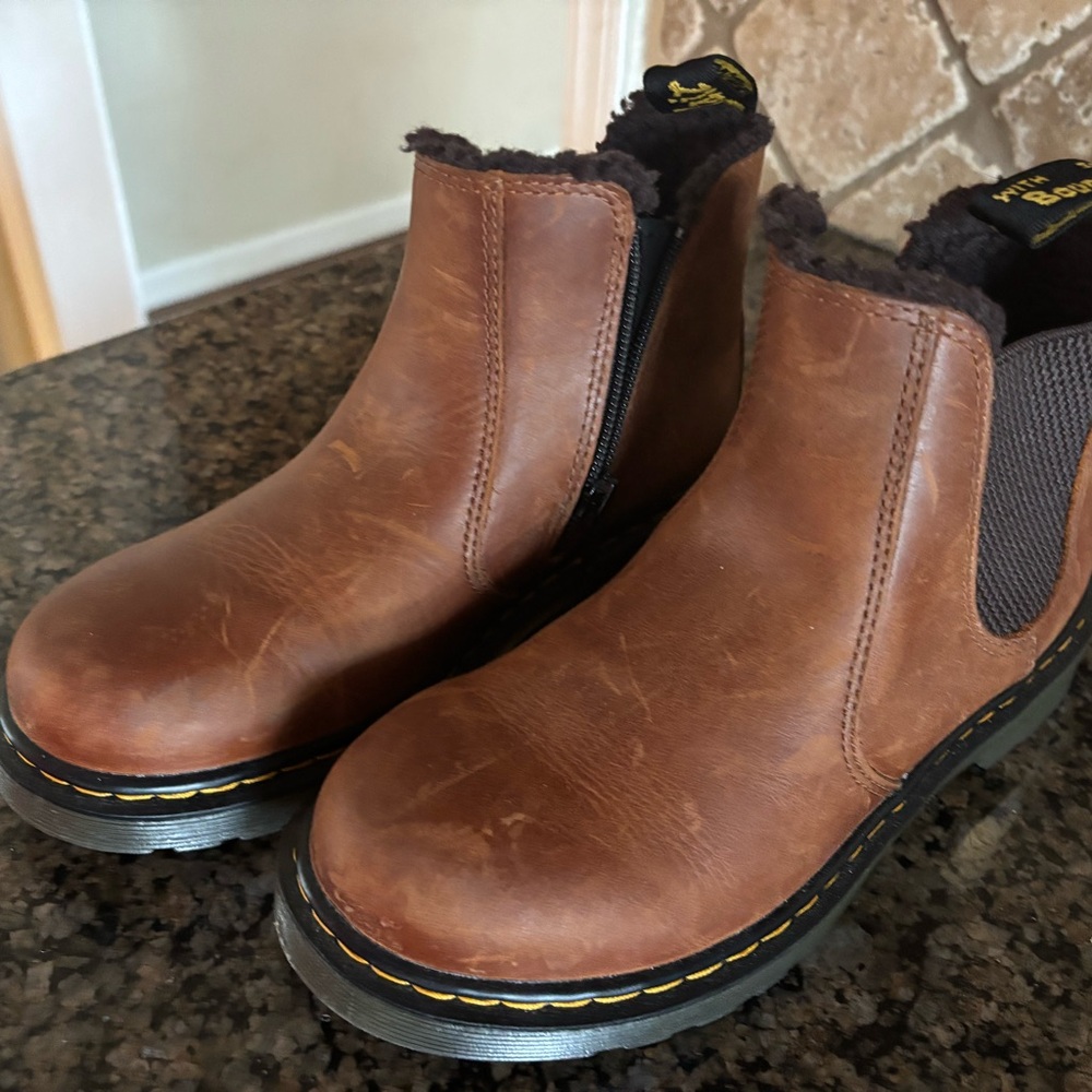 Dr. Martens Brown Leather Ankle Boot with Fuzzy Collar